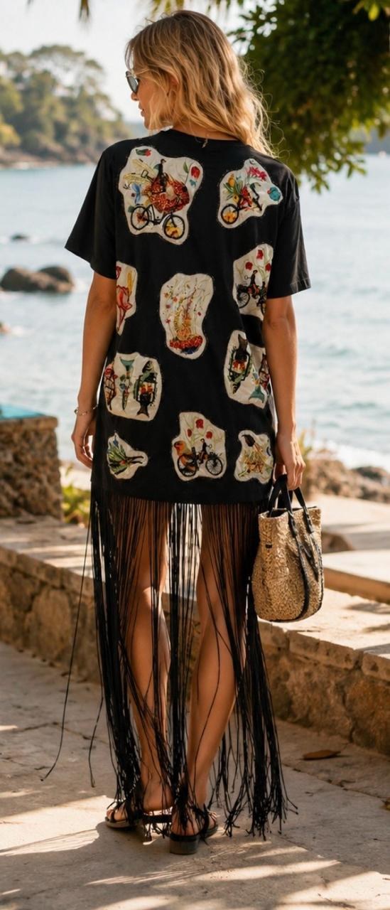 RIV BLACK FRINGE & PATCH ADORNED TEE