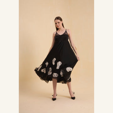 RIV BLACK PATCH ADORNED STRAPPY DRESS LONG