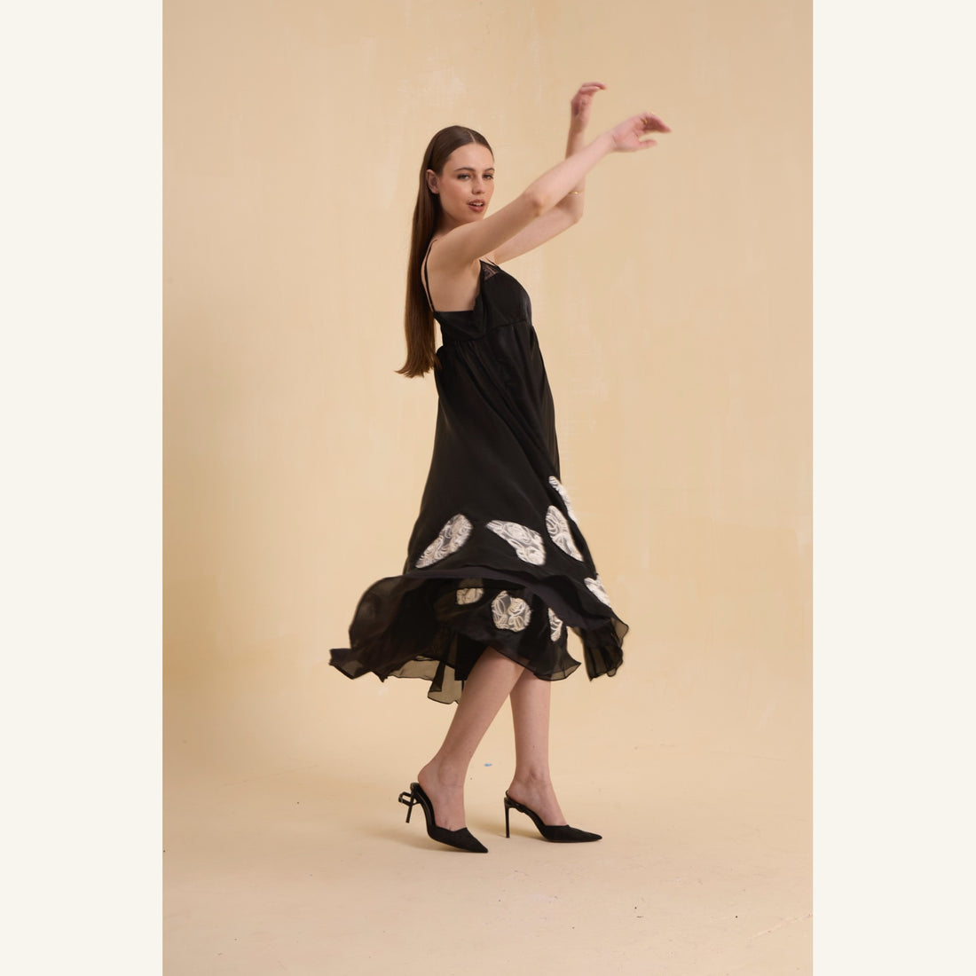 RIV BLACK PATCH ADORNED STRAPPY DRESS LONG