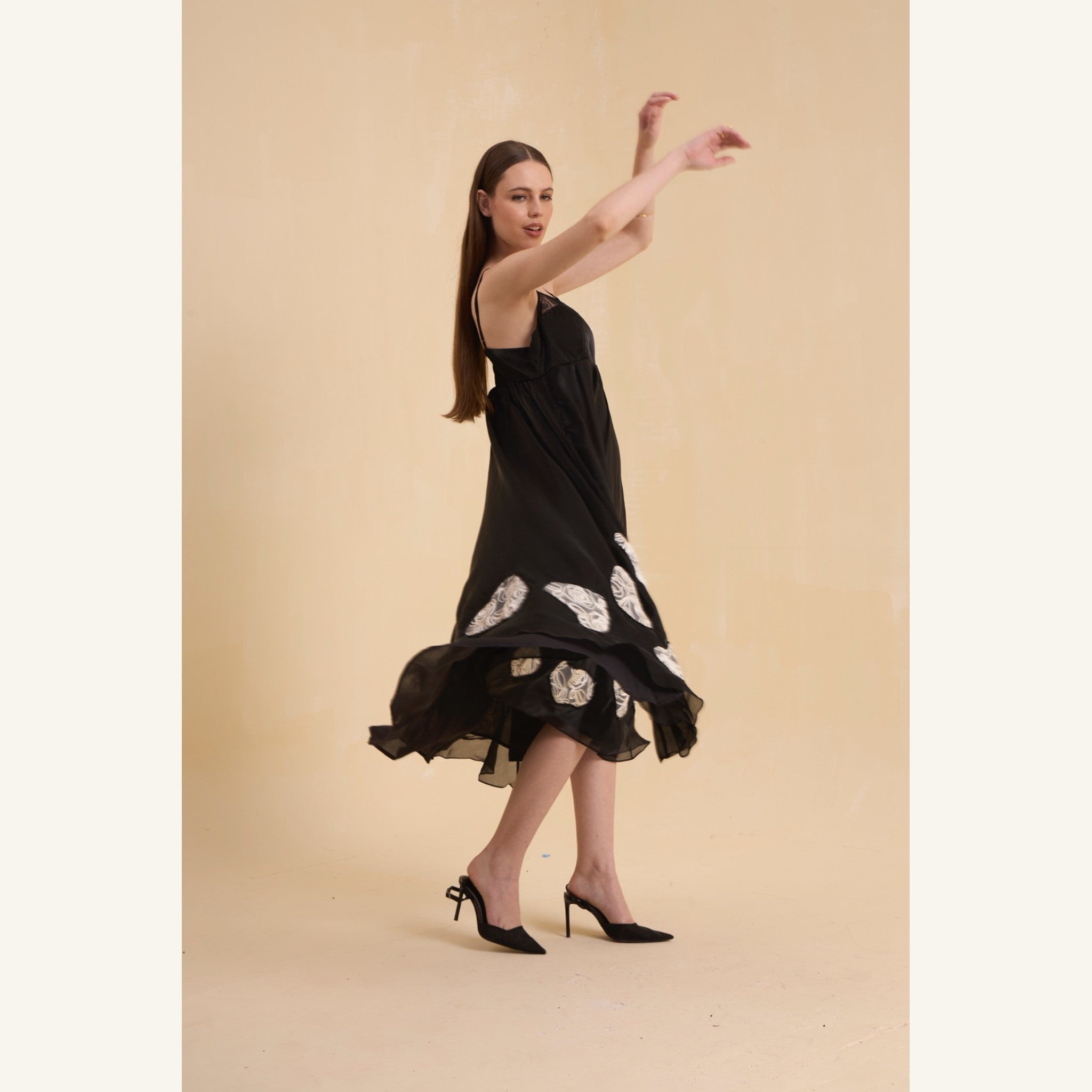 RIV BLACK PATCH ADORNED STRAPPY DRESS LONG