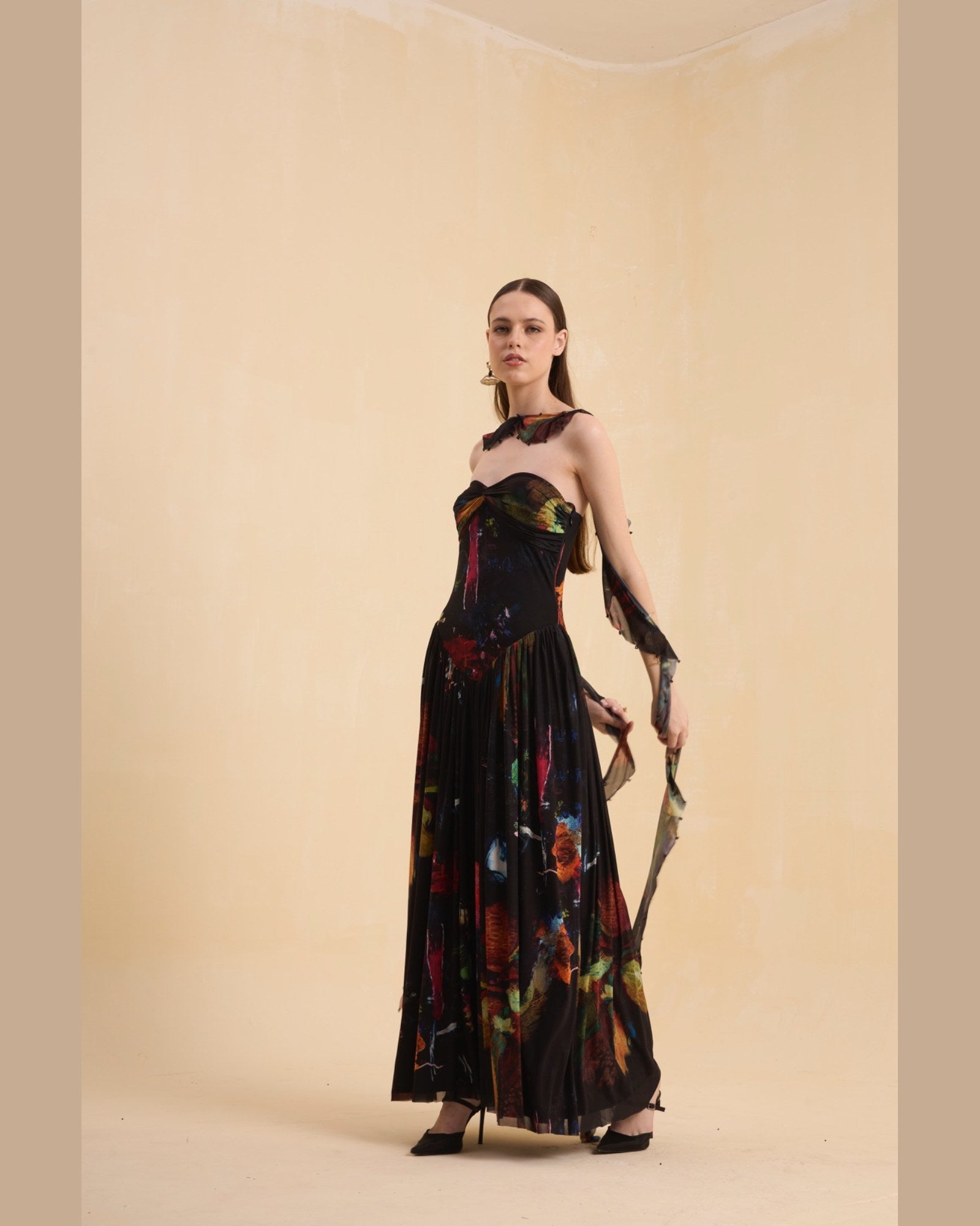 RIV MULTICOLOR ABSTRACT DRAPE DRESS LONG