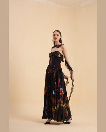 RIV MULTICOLOR ABSTRACT DRAPE DRESS LONG