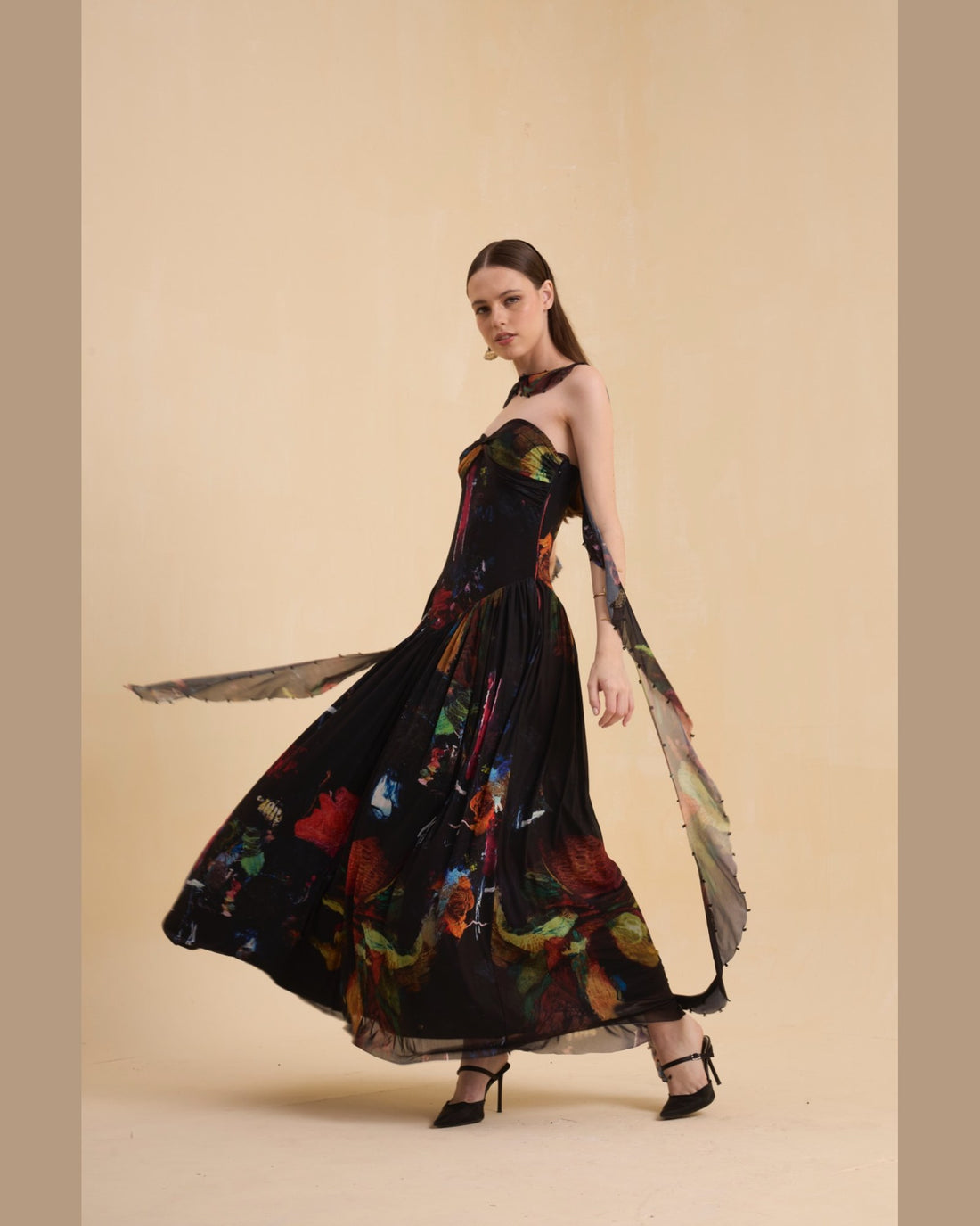RIV MULTICOLOR ABSTRACT DRAPE DRESS LONG