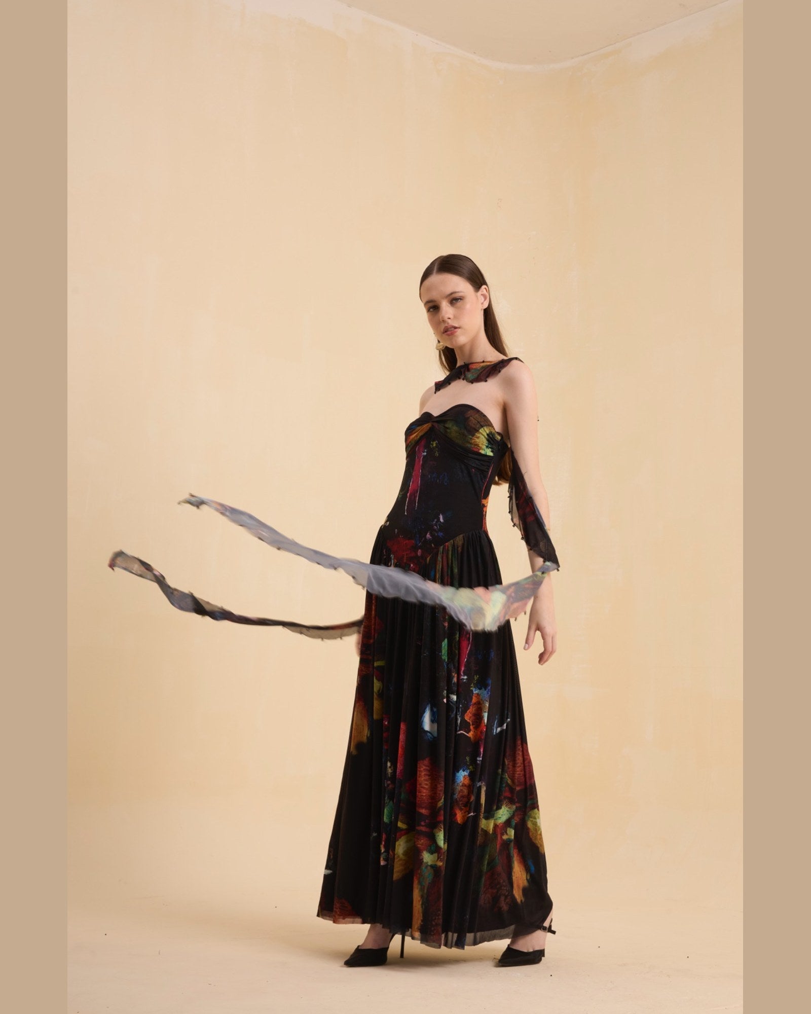 RIV MULTICOLOR ABSTRACT DRAPE DRESS LONG