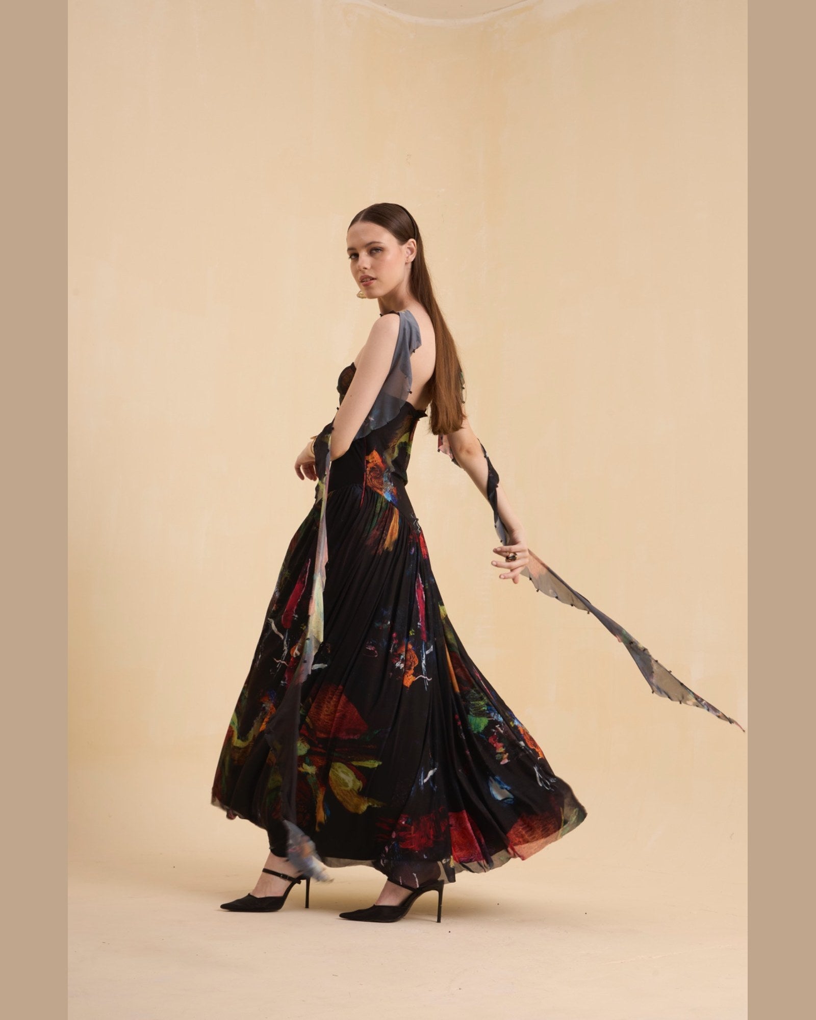 RIV MULTICOLOR ABSTRACT DRAPE DRESS LONG