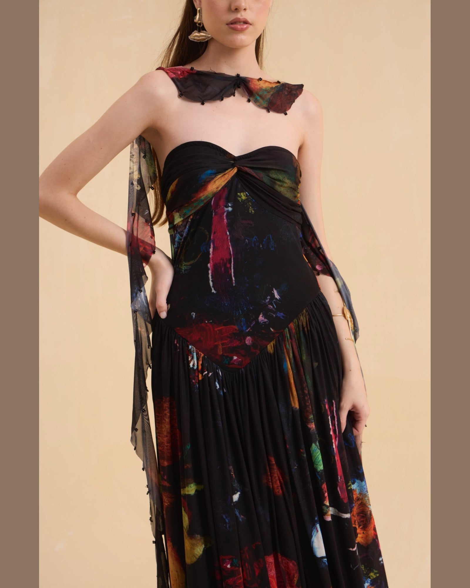 RIV MULTICOLOR ABSTRACT DRAPE DRESS LONG