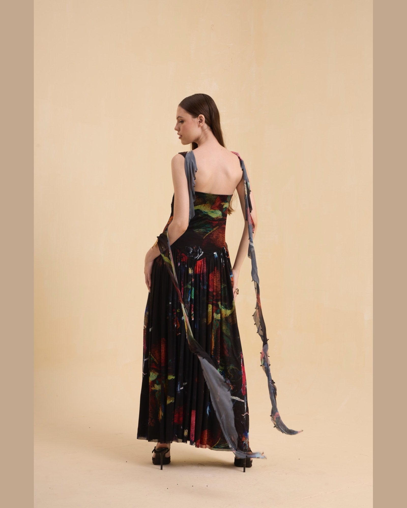RIV MULTICOLOR ABSTRACT DRAPE DRESS LONG