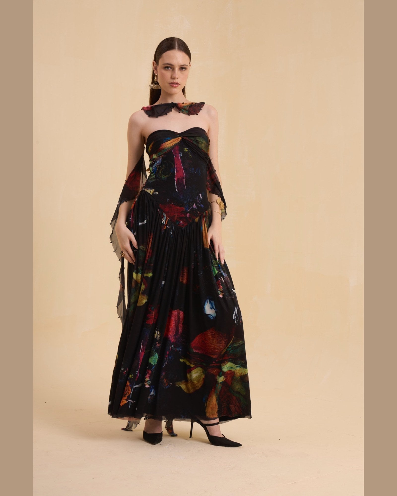 RIV MULTICOLOR ABSTRACT DRAPE DRESS LONG