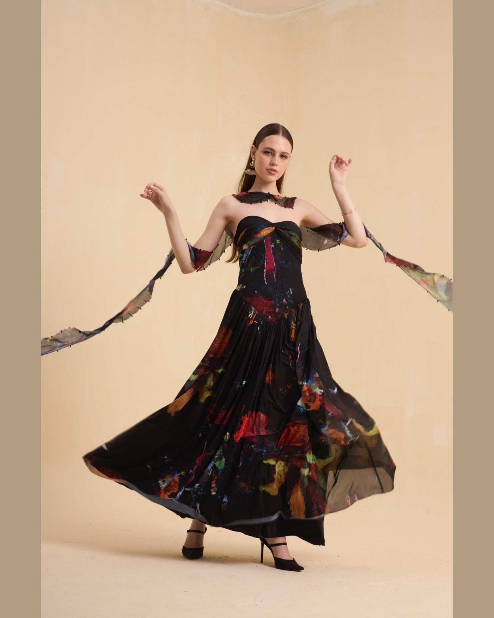 RIV MULTICOLOR ABSTRACT DRAPE DRESS LONG