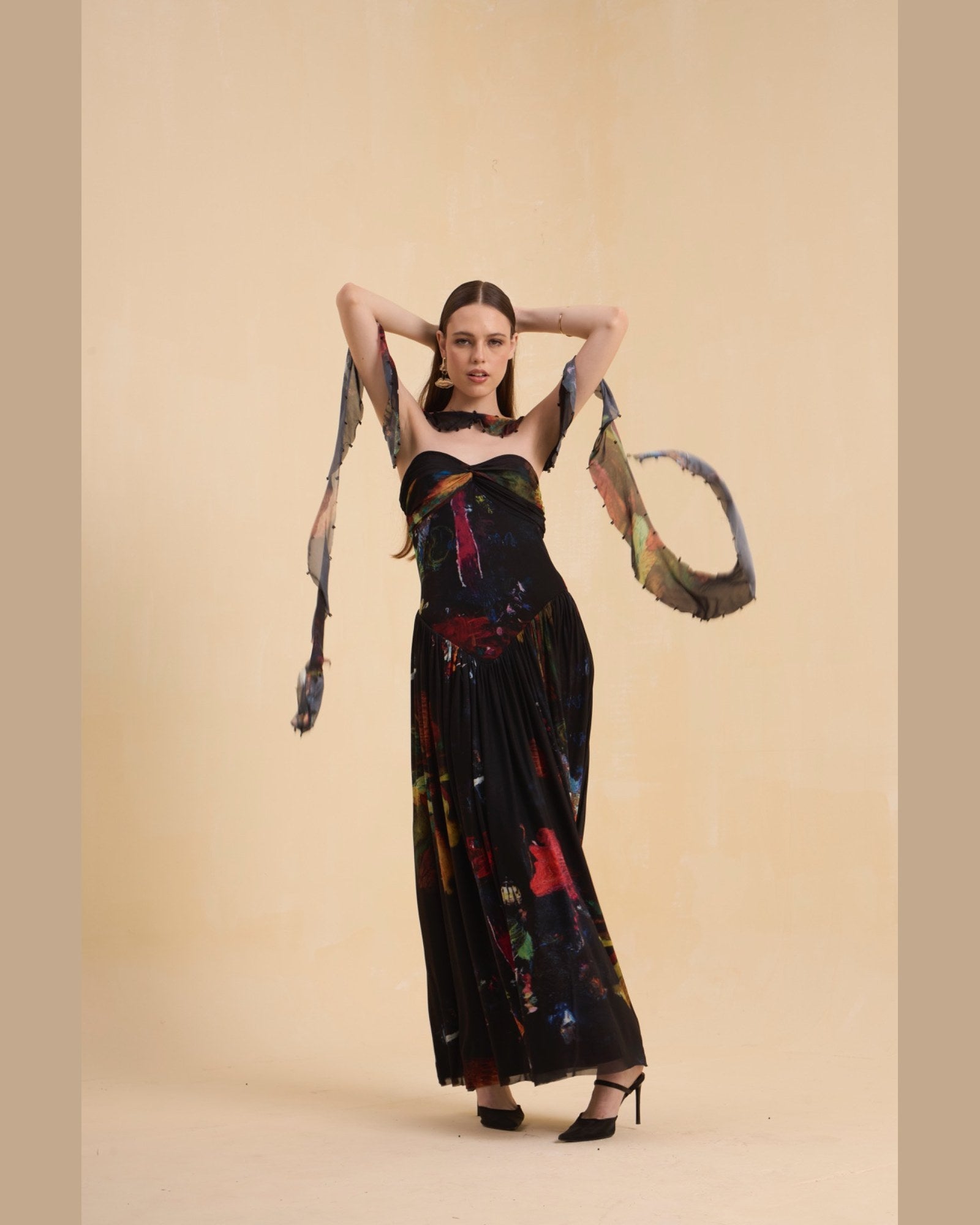 RIV MULTICOLOR ABSTRACT DRAPE DRESS LONG
