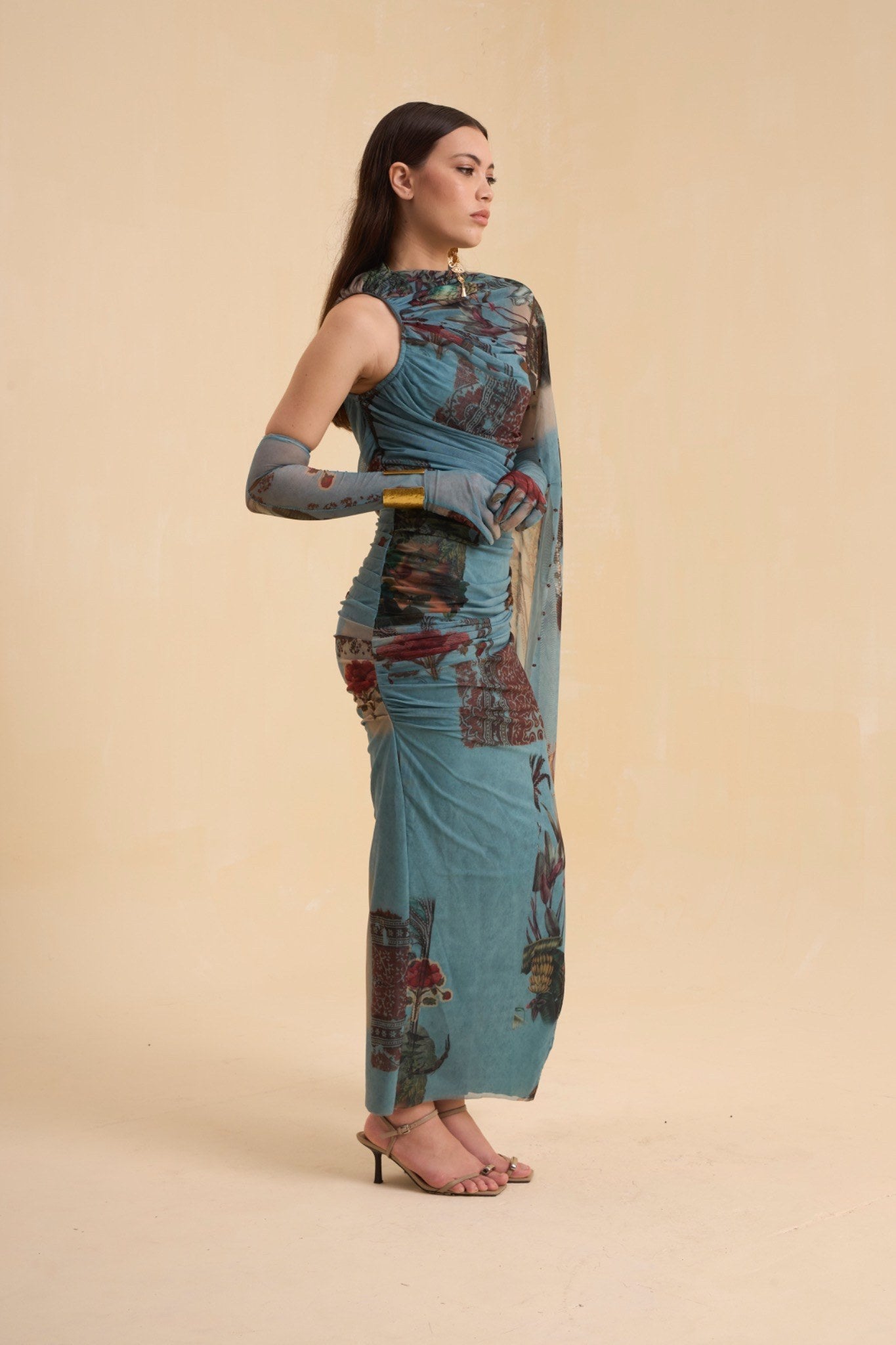 RIV VINTAGE PRINTED  DRAPE DRESS LONG