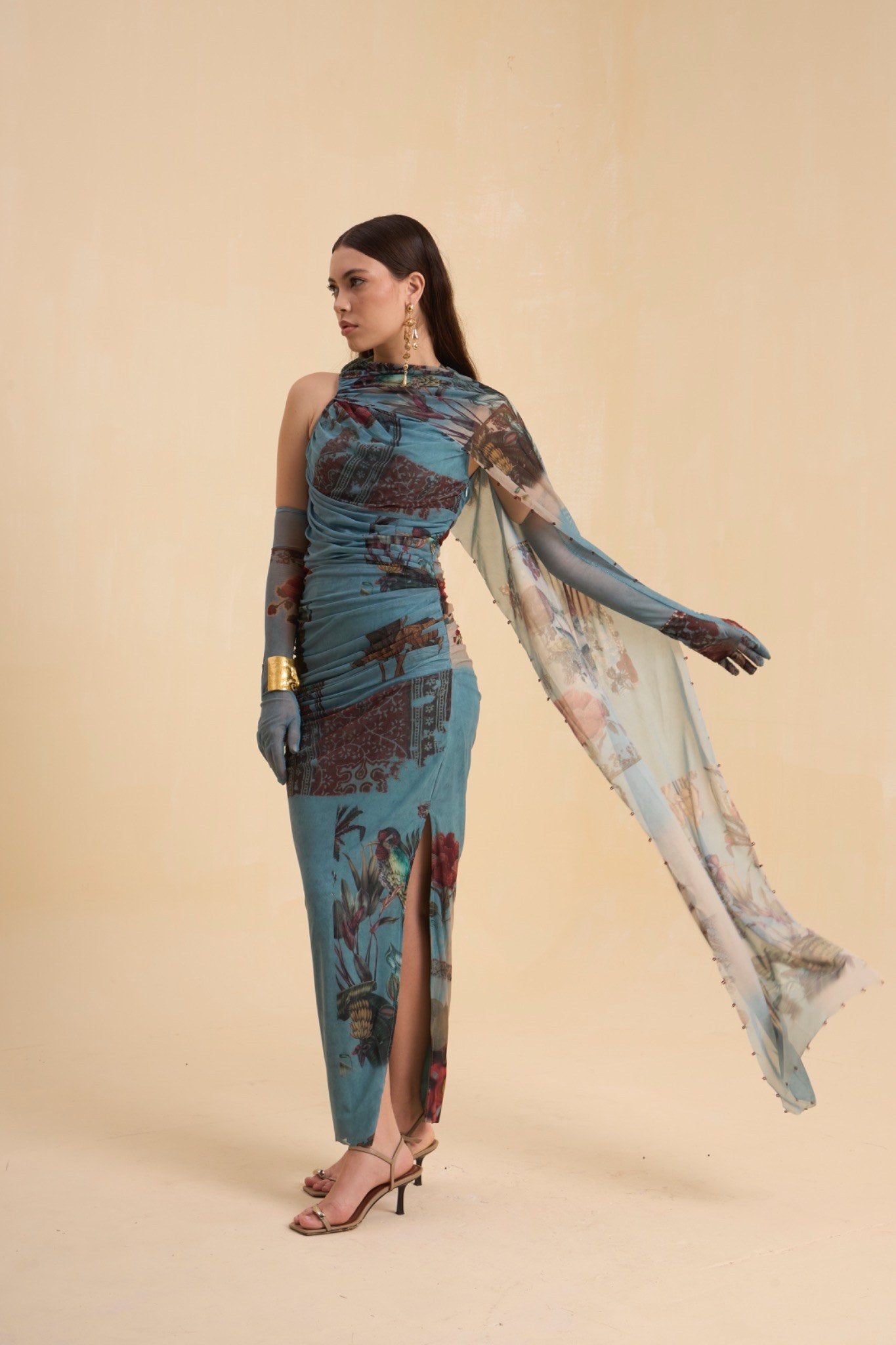 RIV VINTAGE PRINTED  DRAPE DRESS LONG