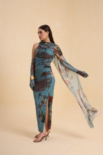 RIV VINTAGE PRINTED  DRAPE DRESS LONG