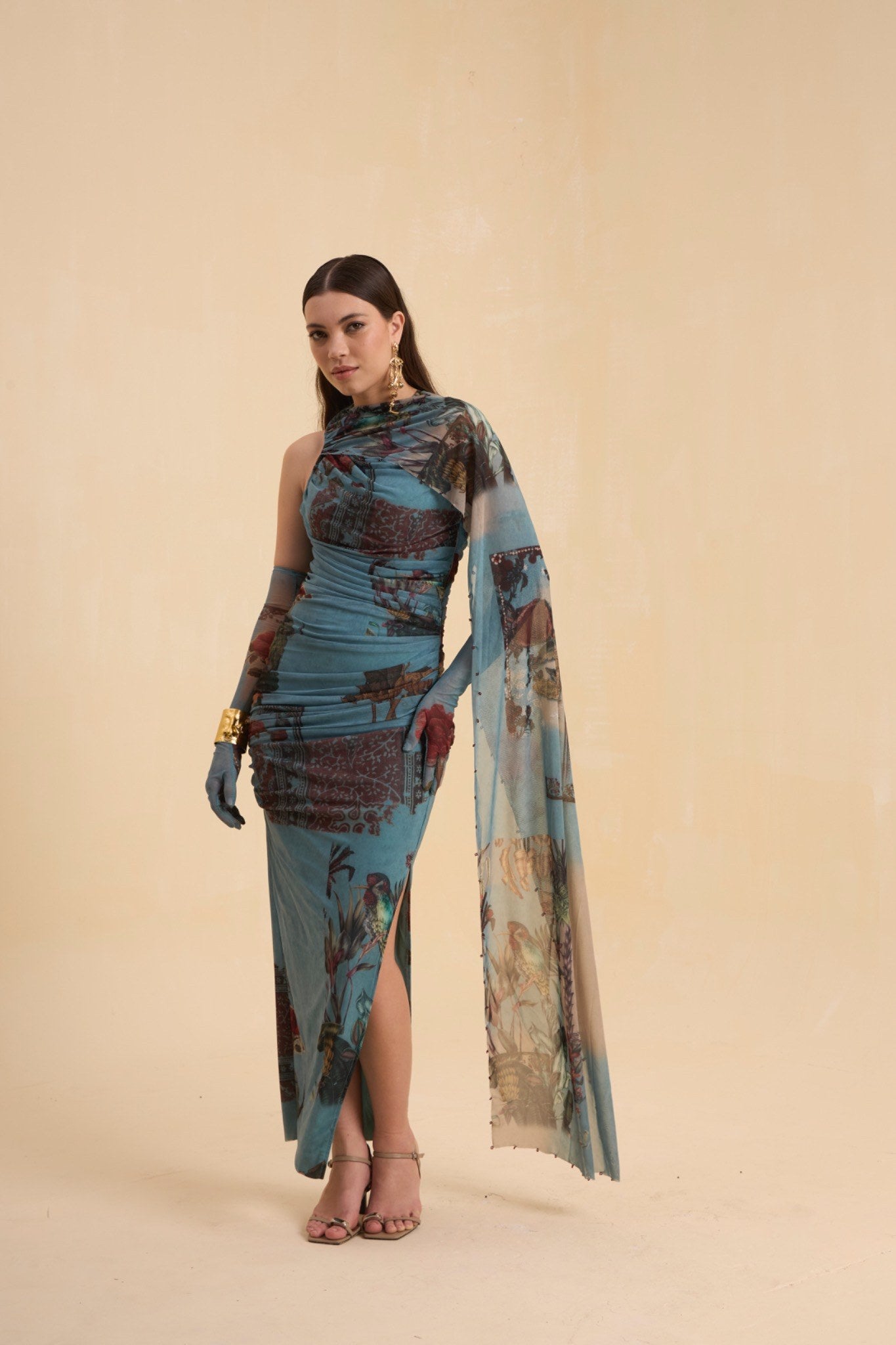 RIV VINTAGE PRINTED  DRAPE DRESS LONG