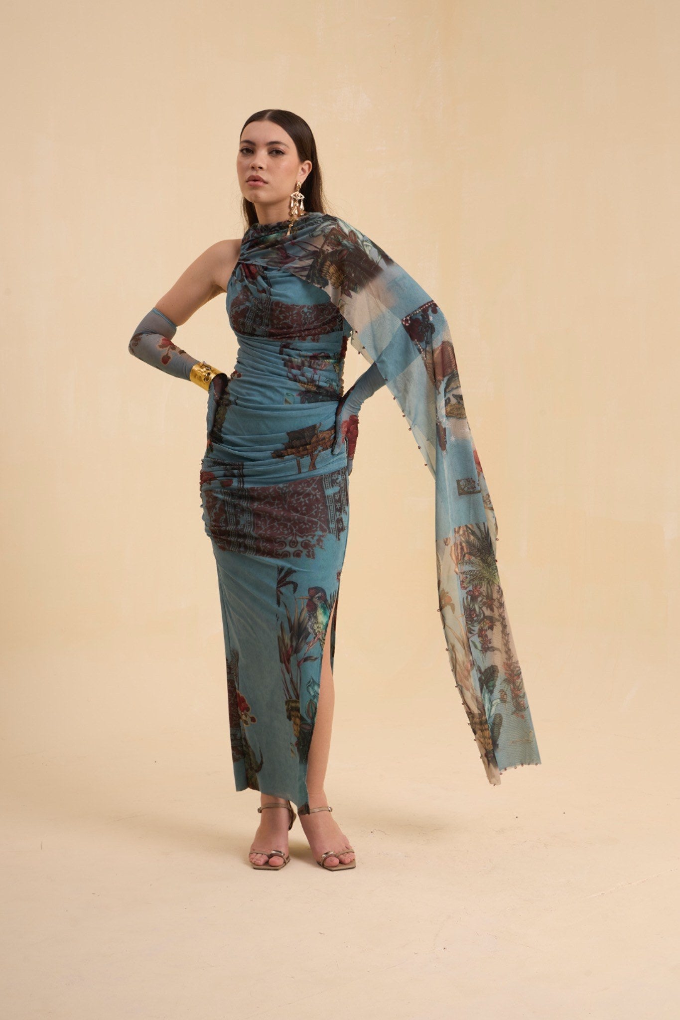 RIV VINTAGE PRINTED  DRAPE DRESS LONG