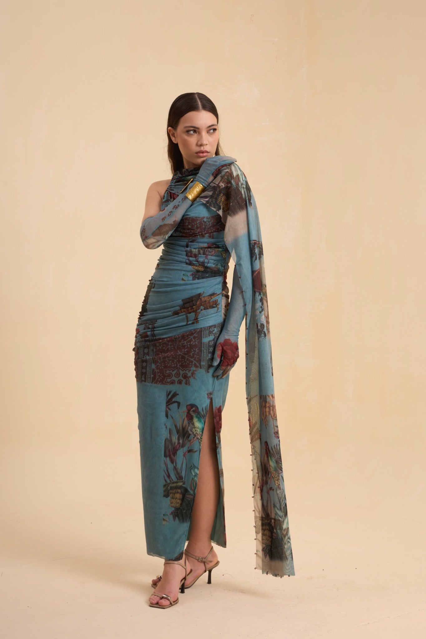 RIV VINTAGE PRINTED  DRAPE DRESS LONG
