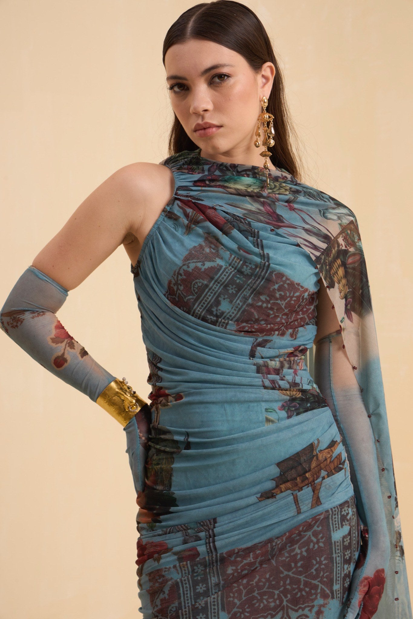 RIV VINTAGE PRINTED  DRAPE DRESS LONG