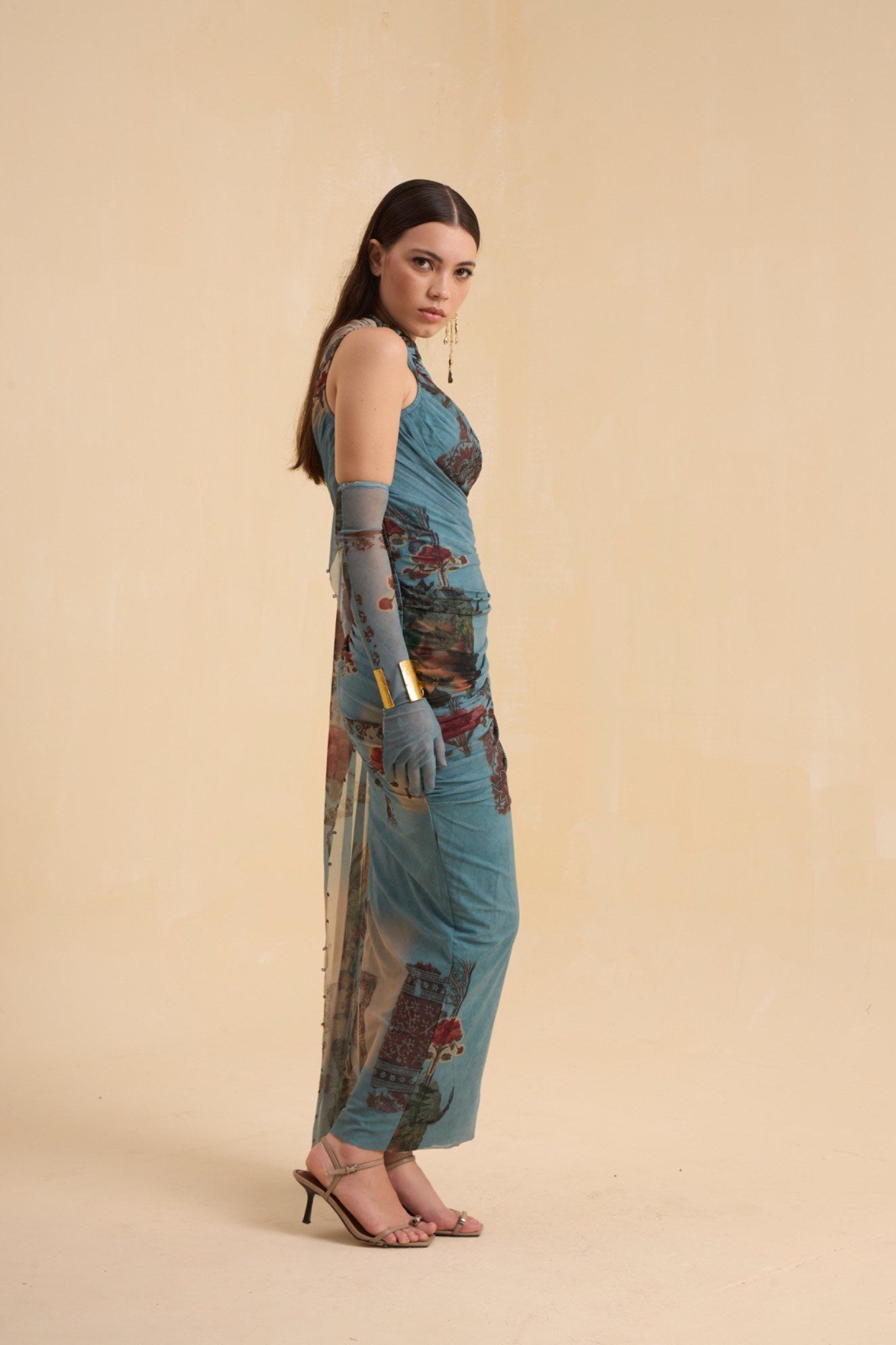 RIV VINTAGE PRINTED  DRAPE DRESS LONG