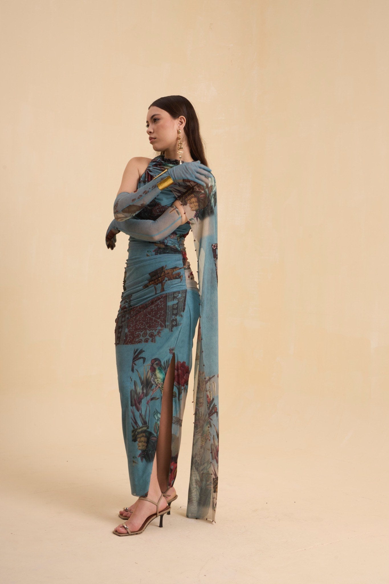 RIV VINTAGE PRINTED  DRAPE DRESS LONG