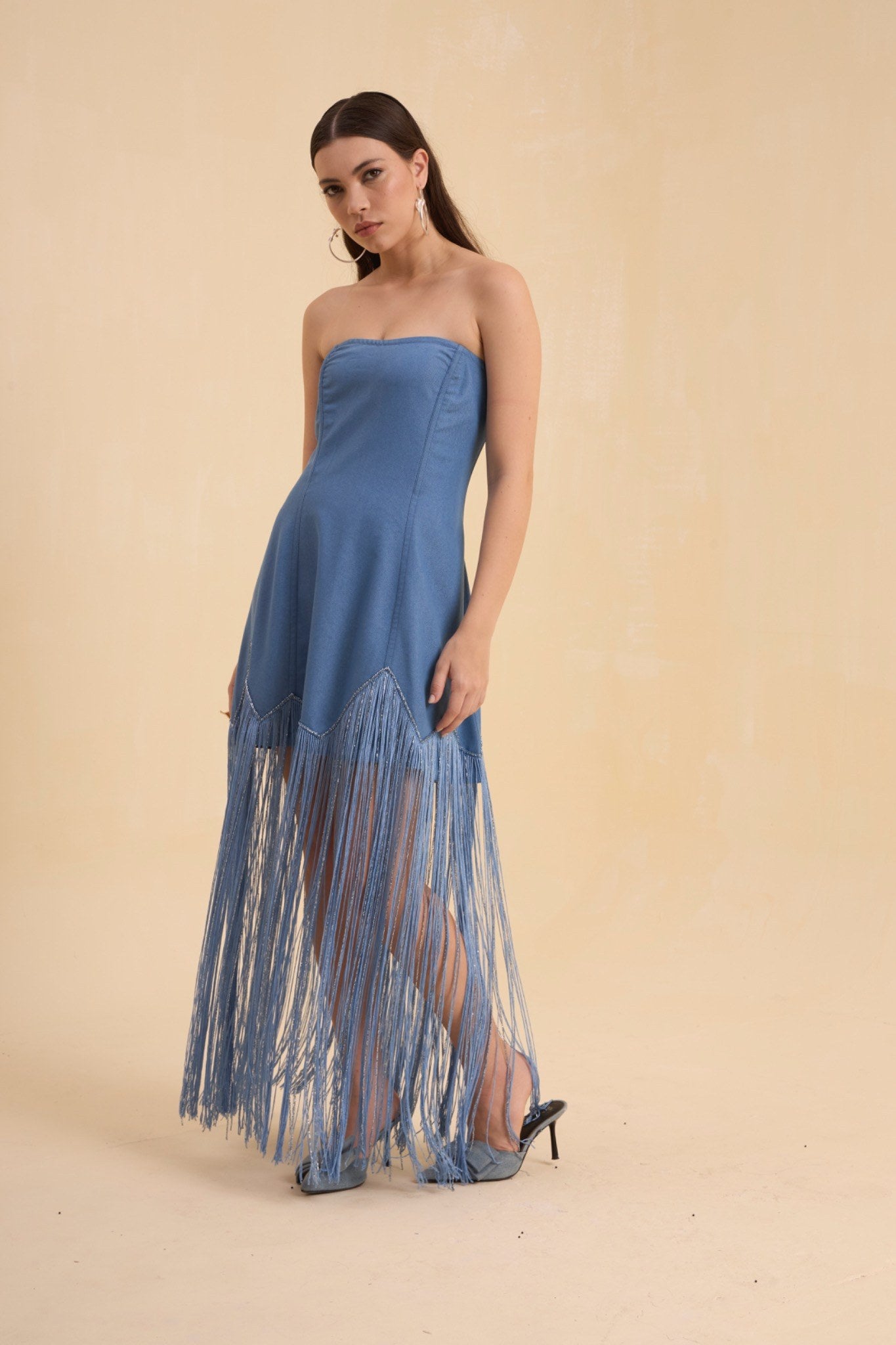 RIV DENIM BLUE FRINGED OFF SHOULDER DRESS