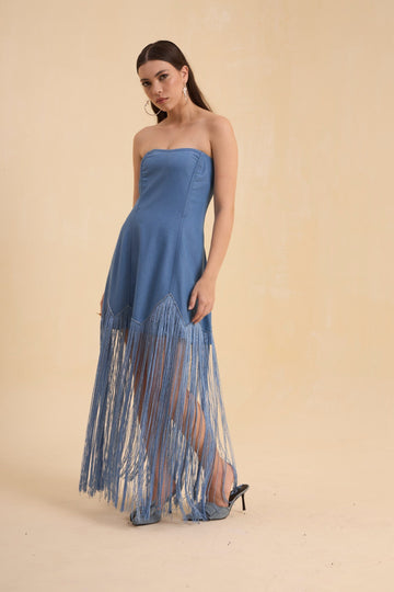 RIV DENIM BLUE FRINGED OFF SHOULDER DRESS