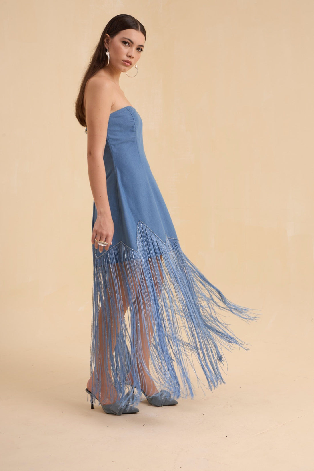 RIV DENIM BLUE FRINGED OFF SHOULDER DRESS