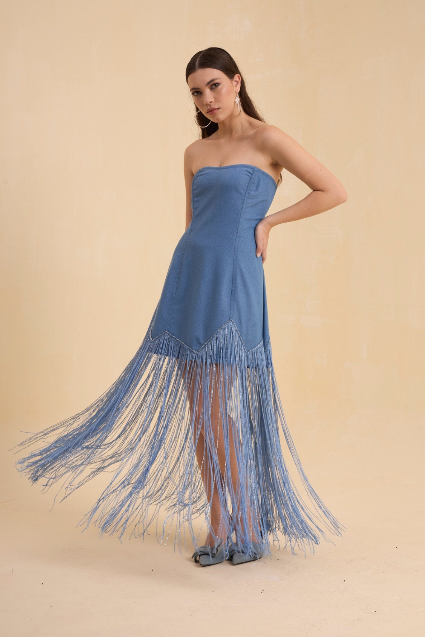 RIV DENIM BLUE FRINGED OFF SHOULDER DRESS
