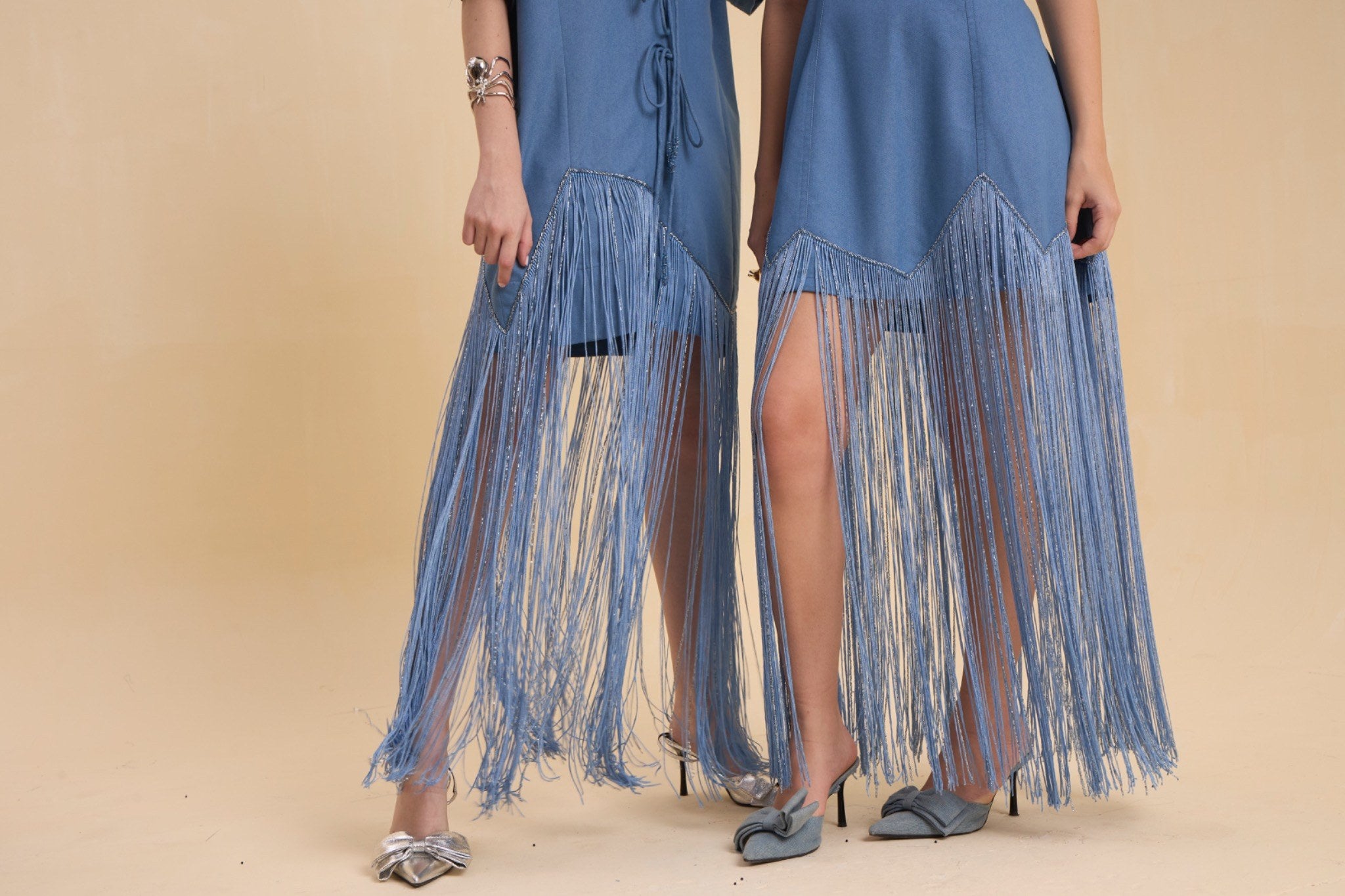 RIV DENIM BLUE FRINGED OFF SHOULDER DRESS
