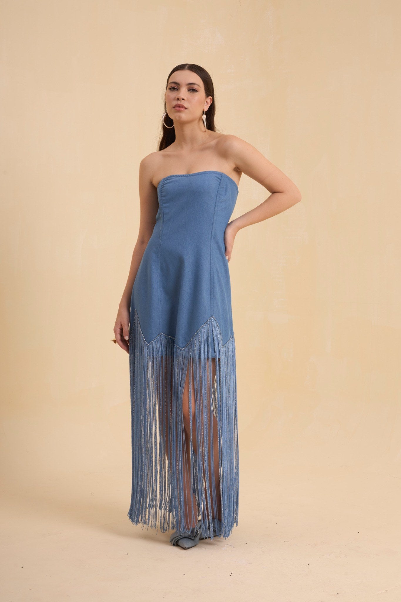 RIV DENIM BLUE FRINGED OFF SHOULDER DRESS