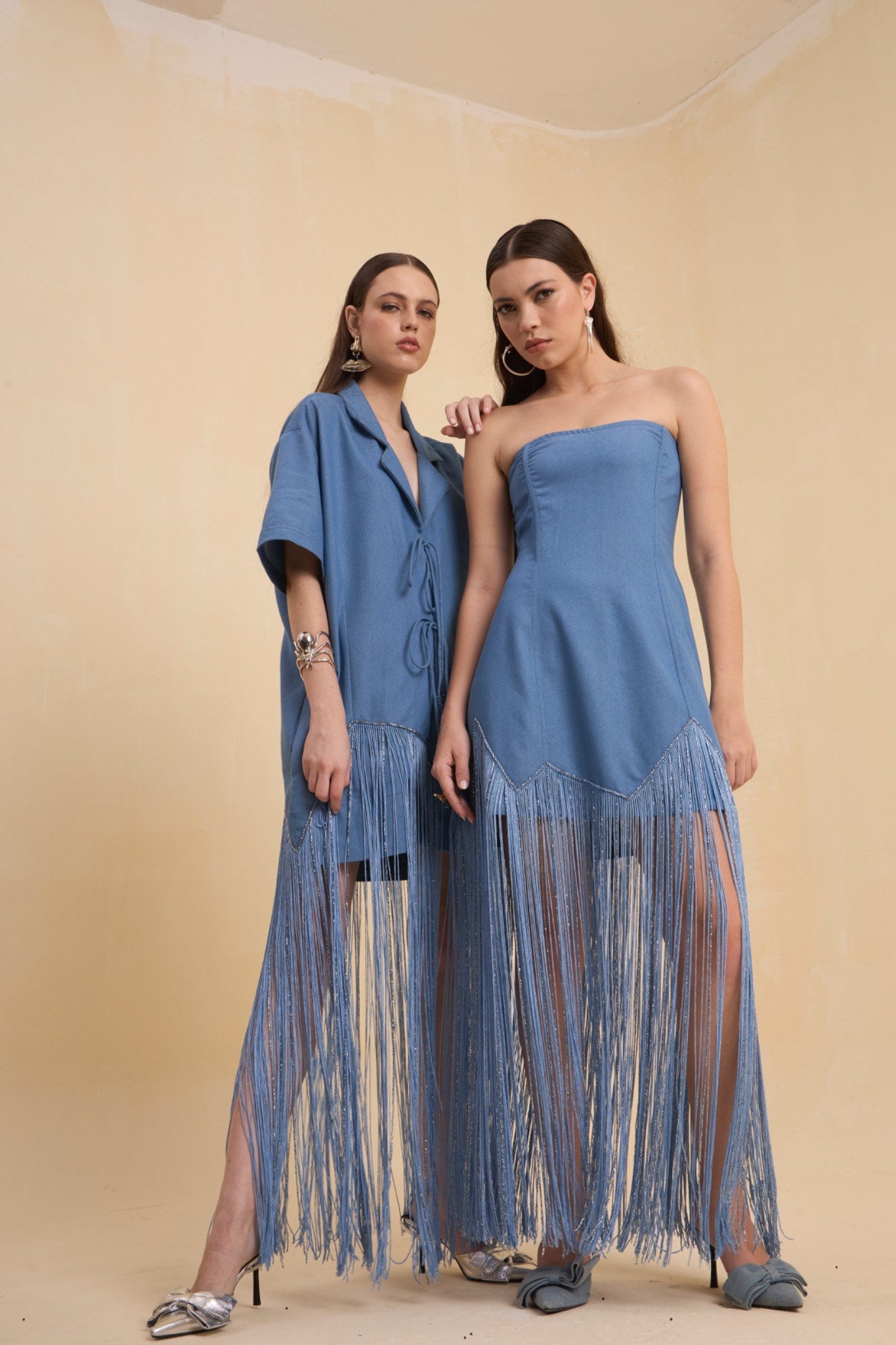 RIV DENIM BLUE FRINGED OFF SHOULDER DRESS