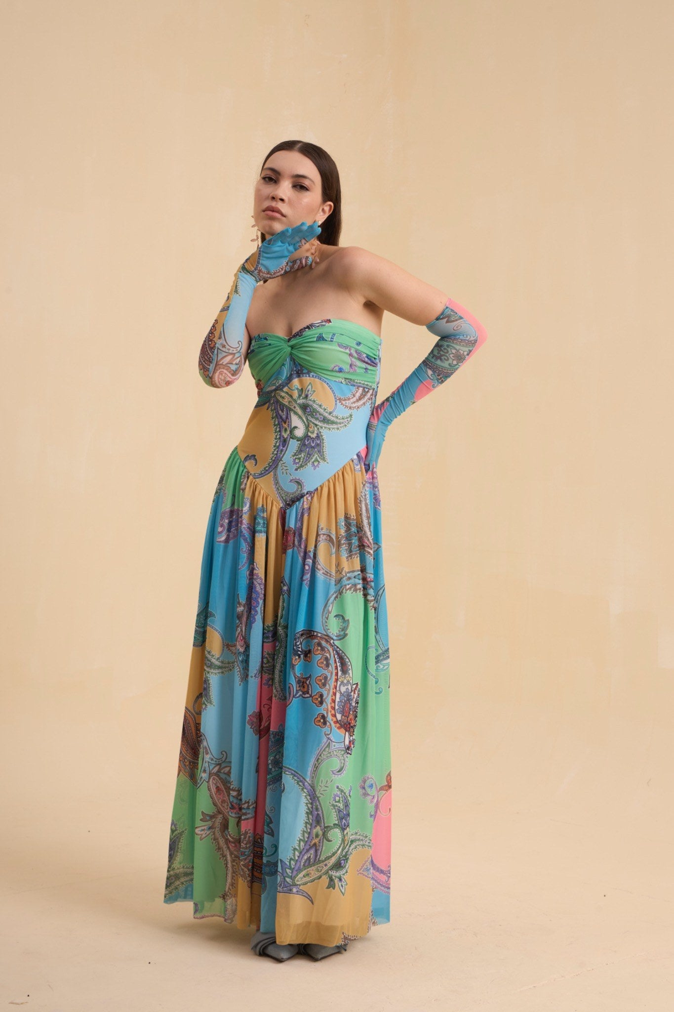 RIV PASTEL PRINTED DRAPED DRESS LONG