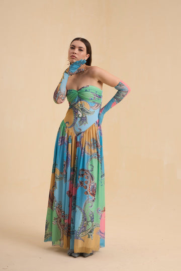 RIV PASTEL PRINTED DRAPED DRESS LONG