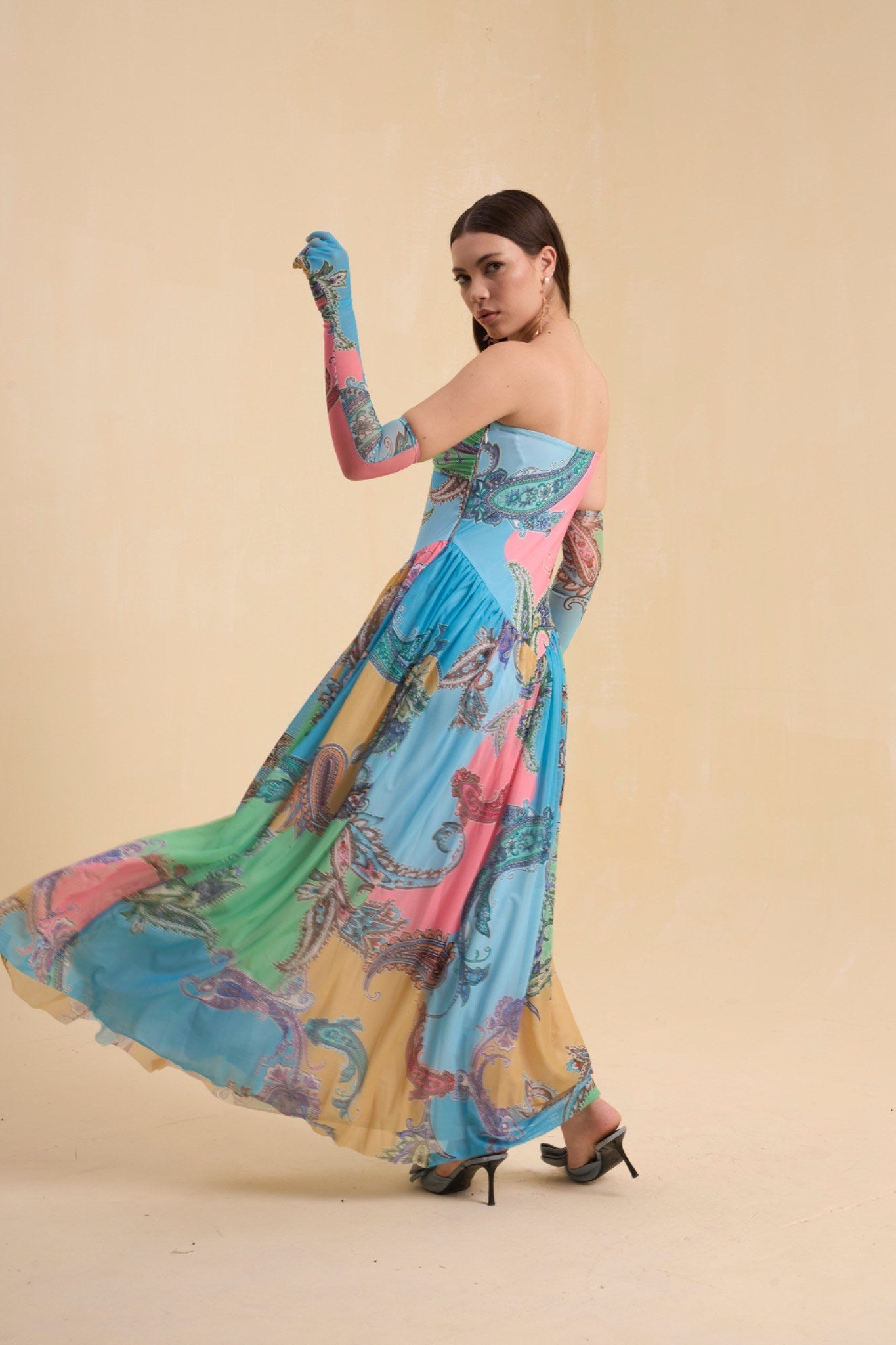 RIV PASTEL PRINTED DRAPED DRESS LONG