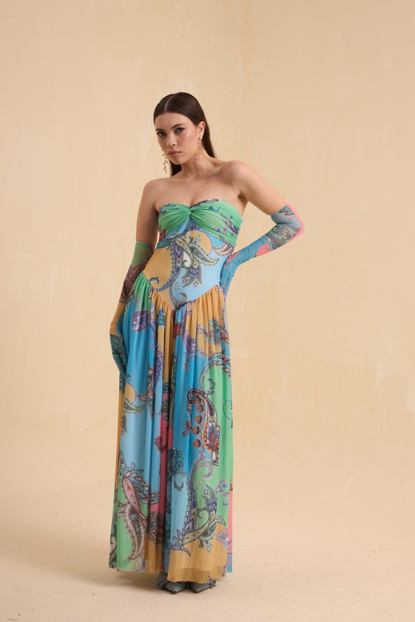 RIV PASTEL PRINTED DRAPED DRESS LONG