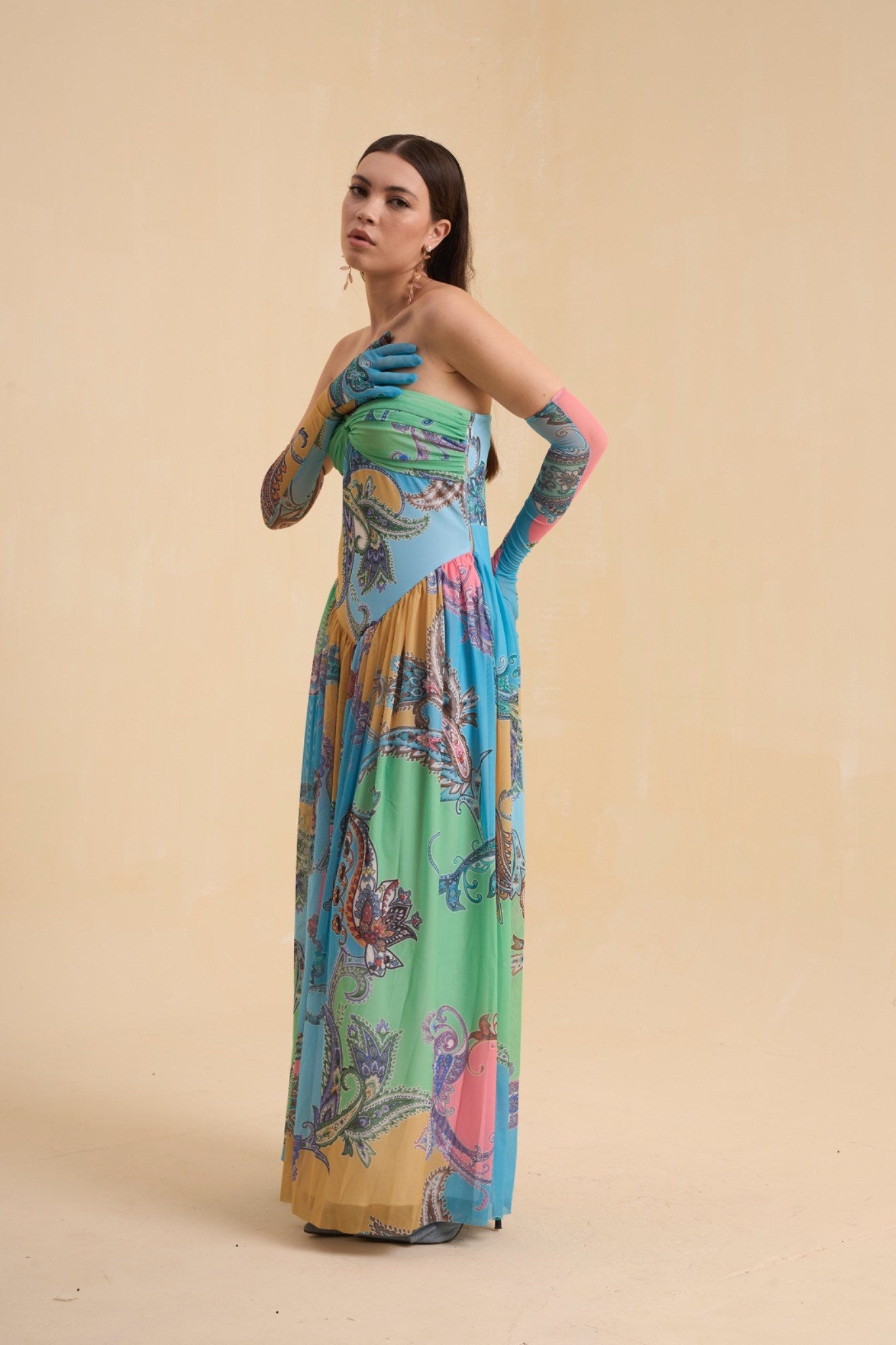 RIV PASTEL PRINTED DRAPED DRESS LONG