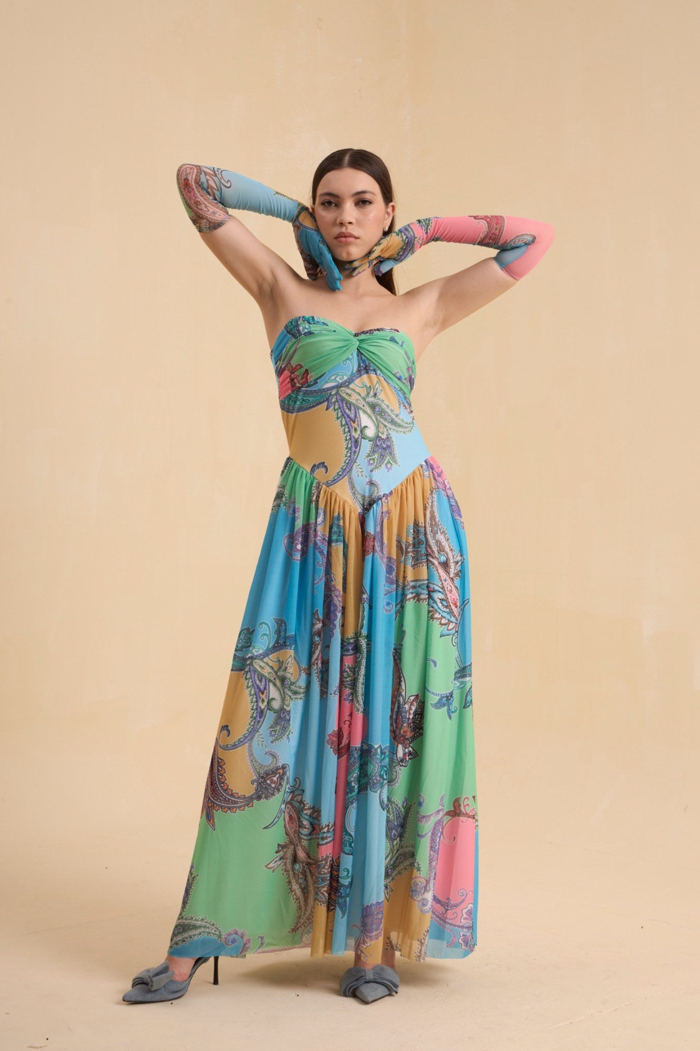 RIV PASTEL PRINTED DRAPED DRESS LONG
