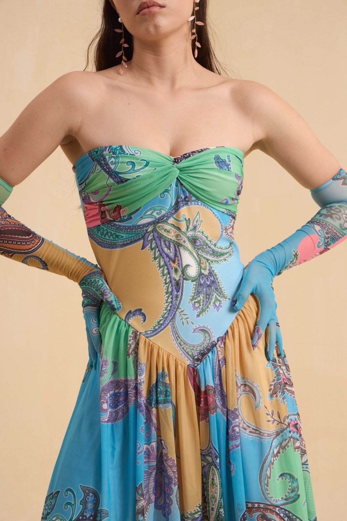 RIV PASTEL PRINTED DRAPED DRESS LONG