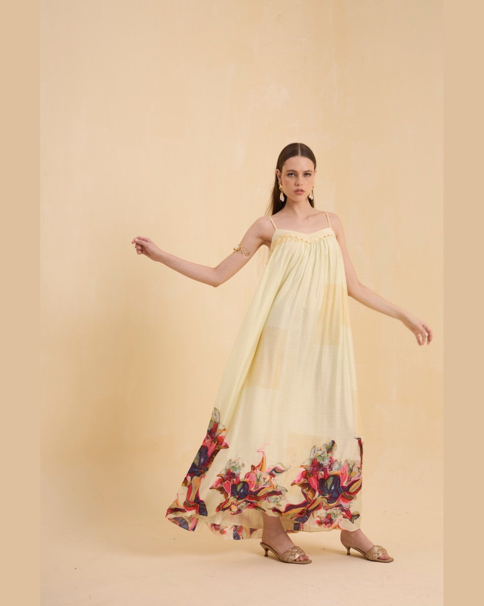 RIV WATERCOLORED STRAPPY EMBELLISHED DRESS LONG