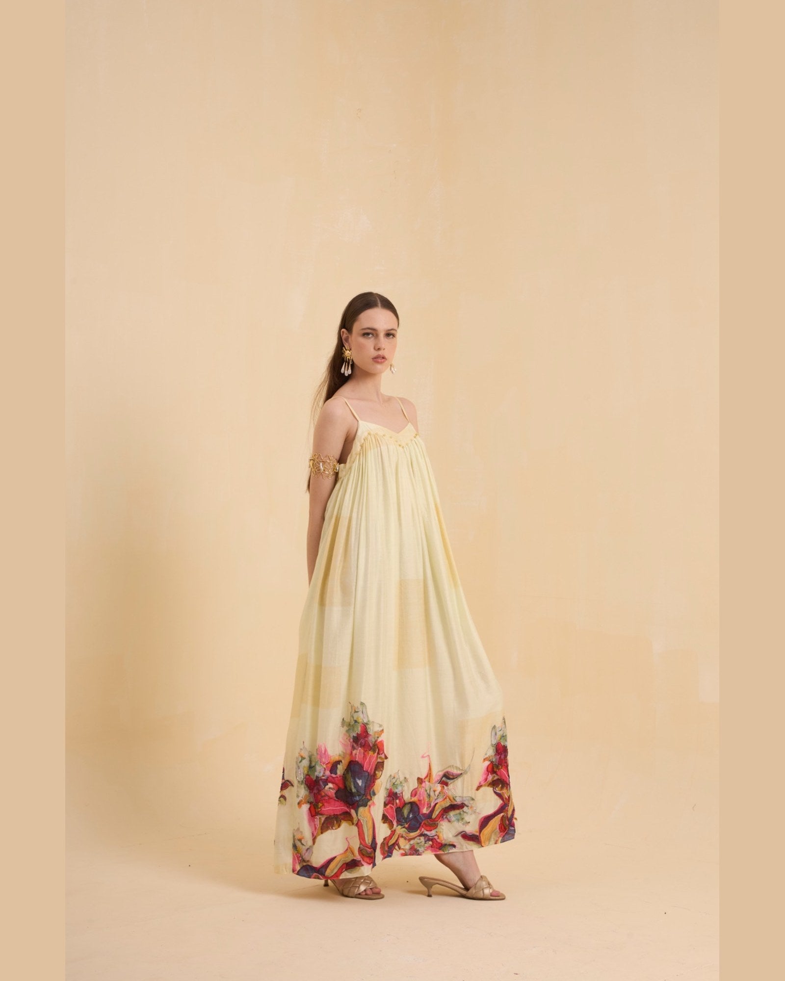 RIV WATERCOLORED STRAPPY EMBELLISHED DRESS LONG