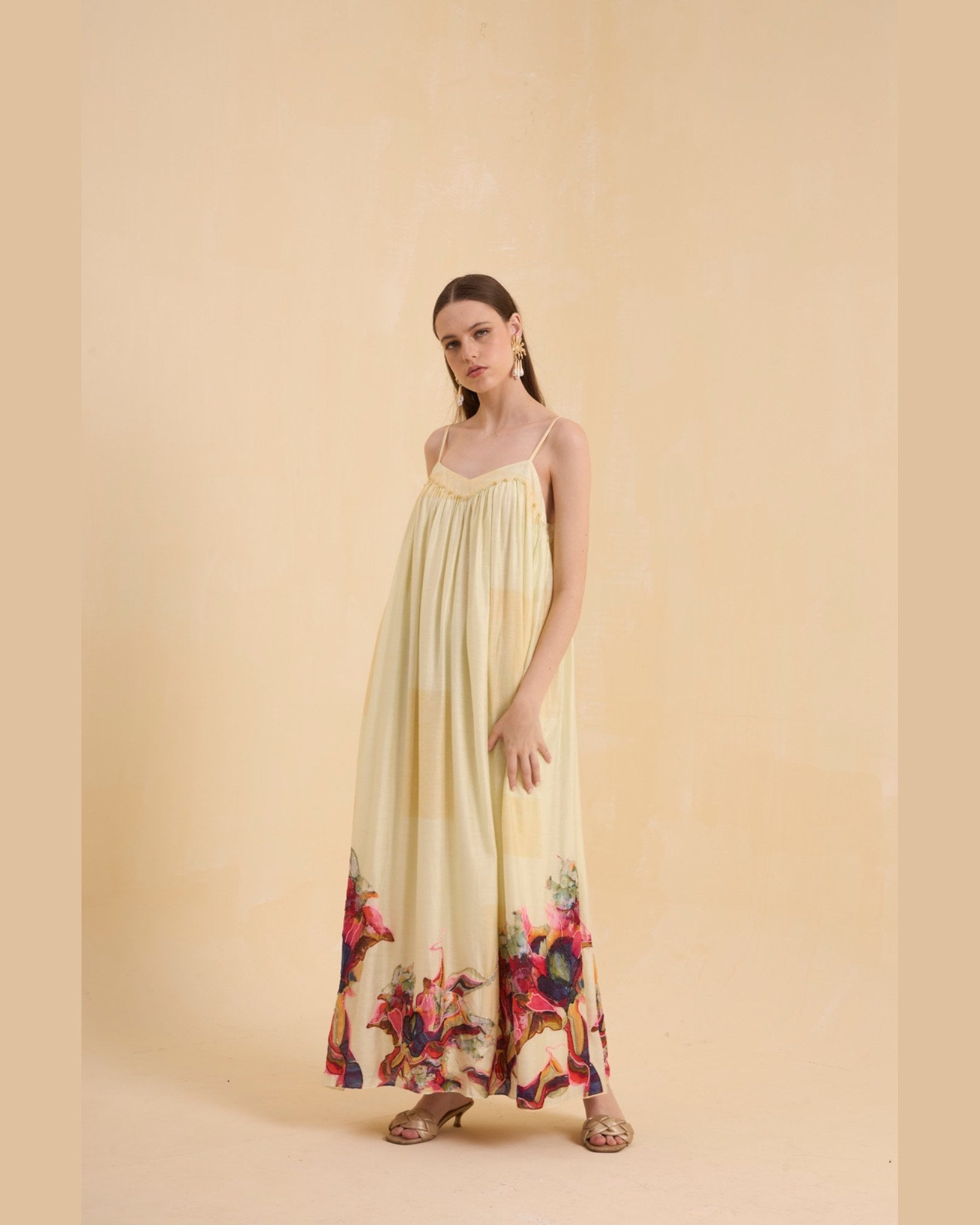 RIV WATERCOLORED STRAPPY EMBELLISHED DRESS LONG