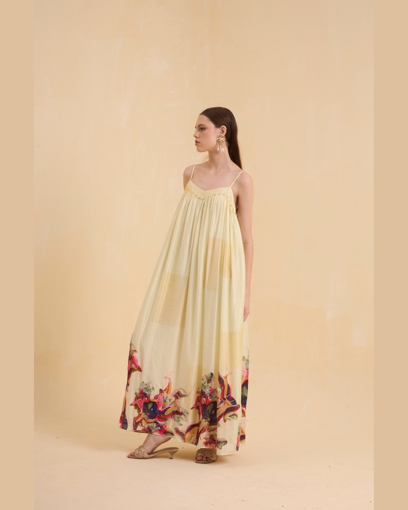 RIV WATERCOLORED STRAPPY EMBELLISHED DRESS LONG