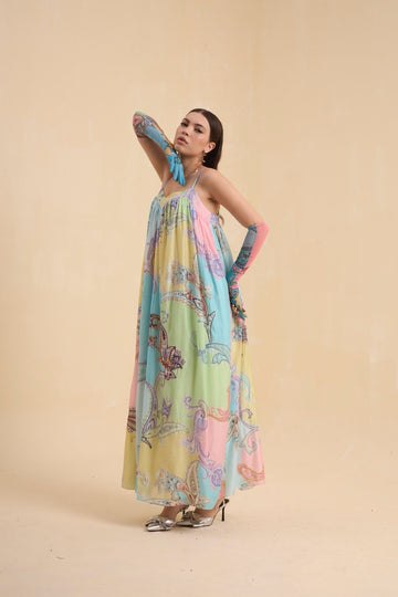 RIV PASTEL PRINTED & EMBELLISHED DRESS LONG