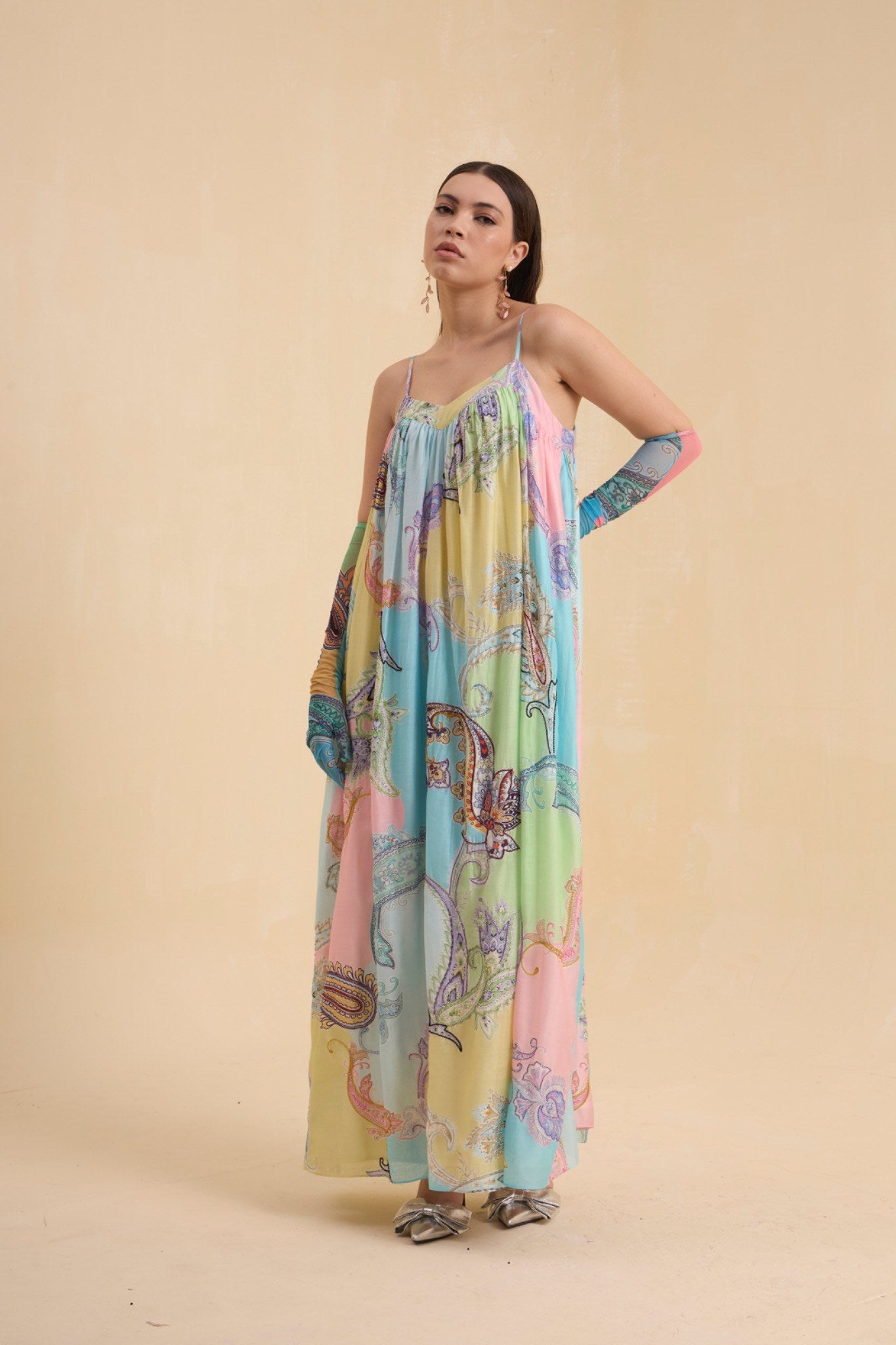 RIV PASTEL PRINTED & EMBELLISHED DRESS LONG