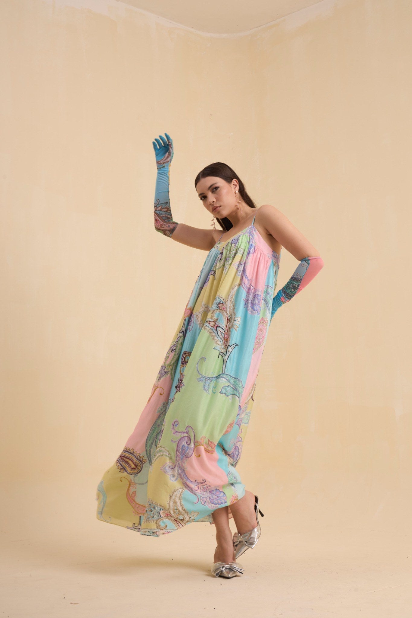 RIV PASTEL PRINTED & EMBELLISHED DRESS LONG