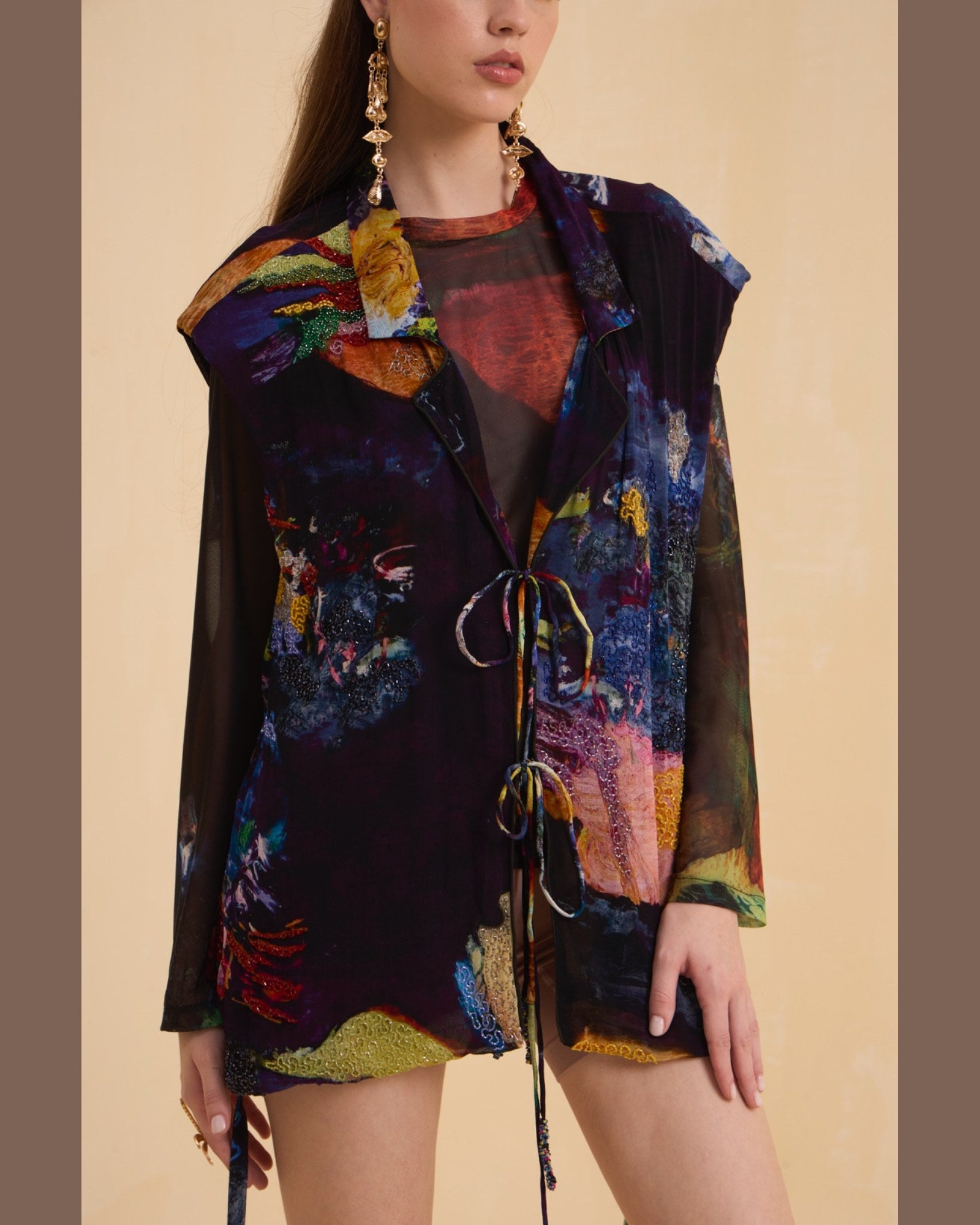 RIV MULTICOLOR ABSTRACT EMBELLISHED BLAZER WITH INNER