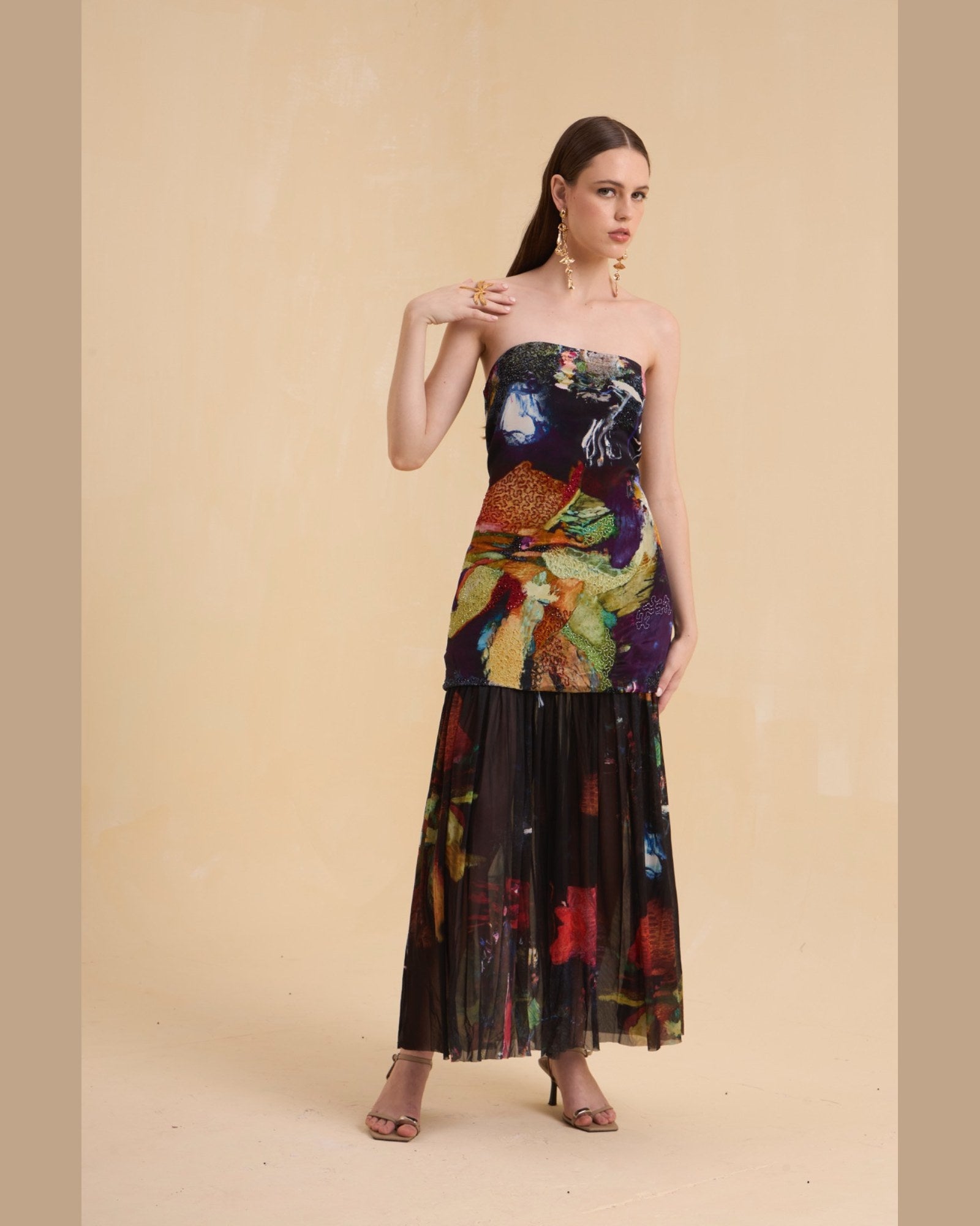 RIV MULTICOLOR ABSTRACT EMBELLISHED OFF SHOULDER DRESS