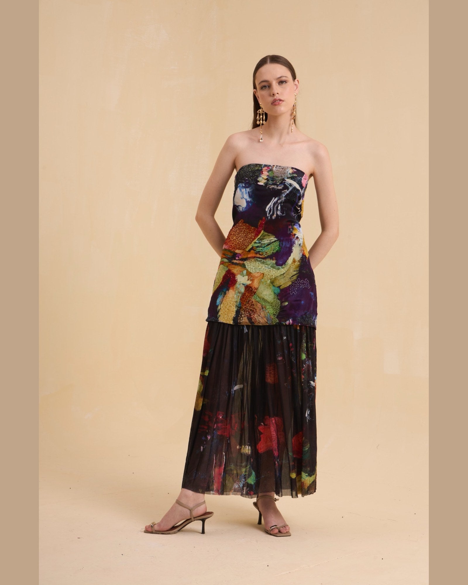 RIV MULTICOLOR ABSTRACT EMBELLISHED OFF SHOULDER DRESS