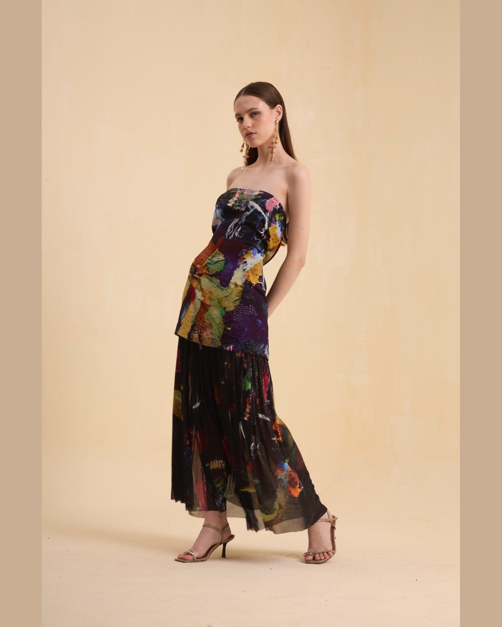 RIV MULTICOLOR ABSTRACT EMBELLISHED OFF SHOULDER DRESS