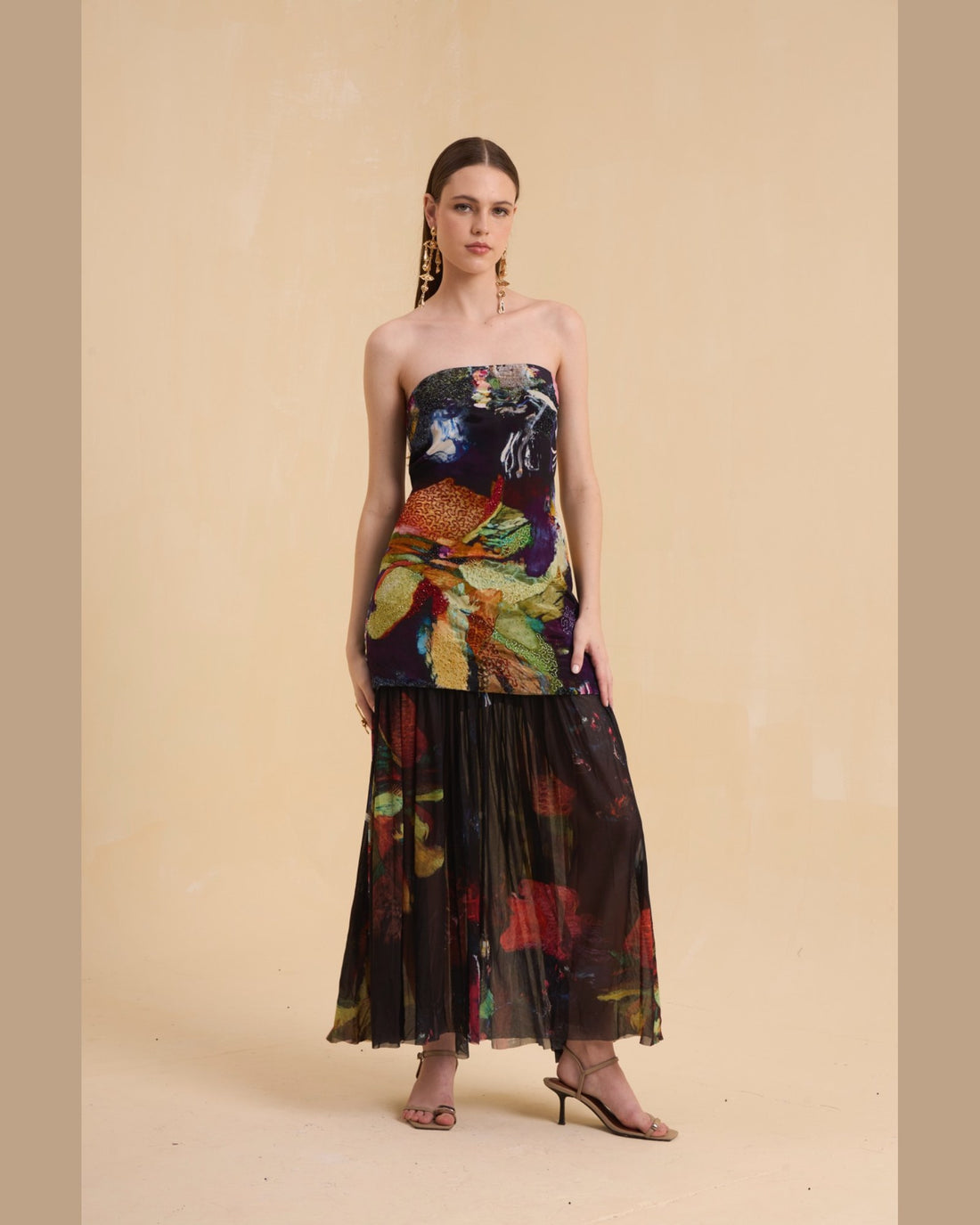 RIV MULTICOLOR ABSTRACT EMBELLISHED OFF SHOULDER DRESS