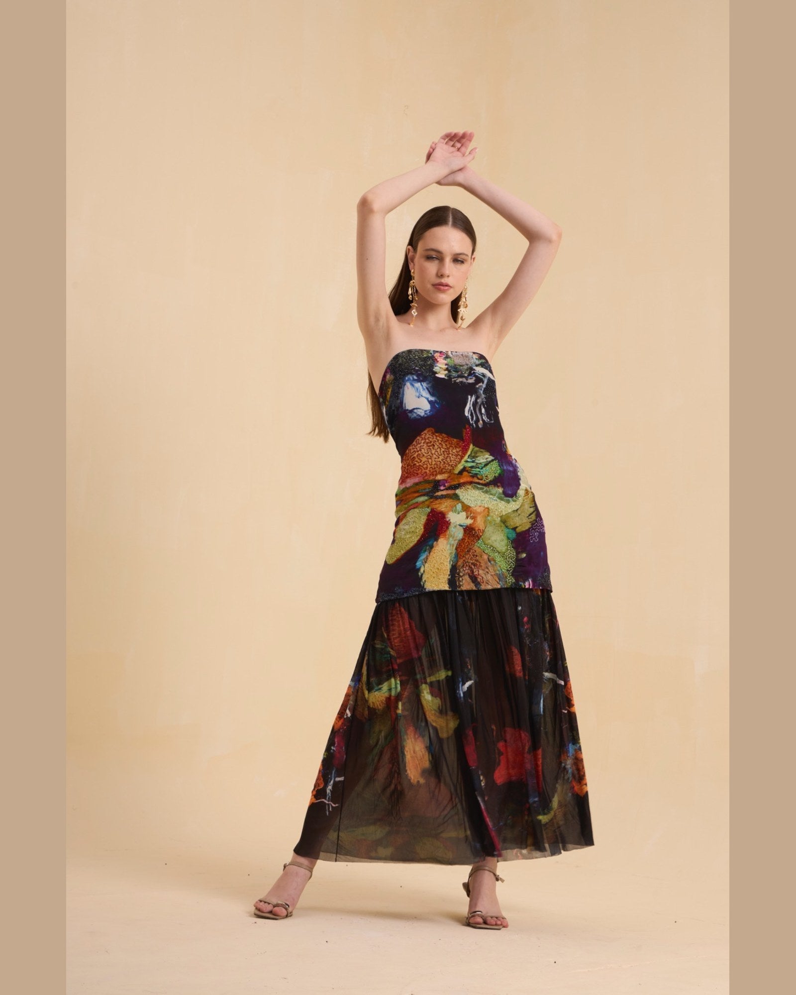 RIV MULTICOLOR ABSTRACT EMBELLISHED OFF SHOULDER DRESS